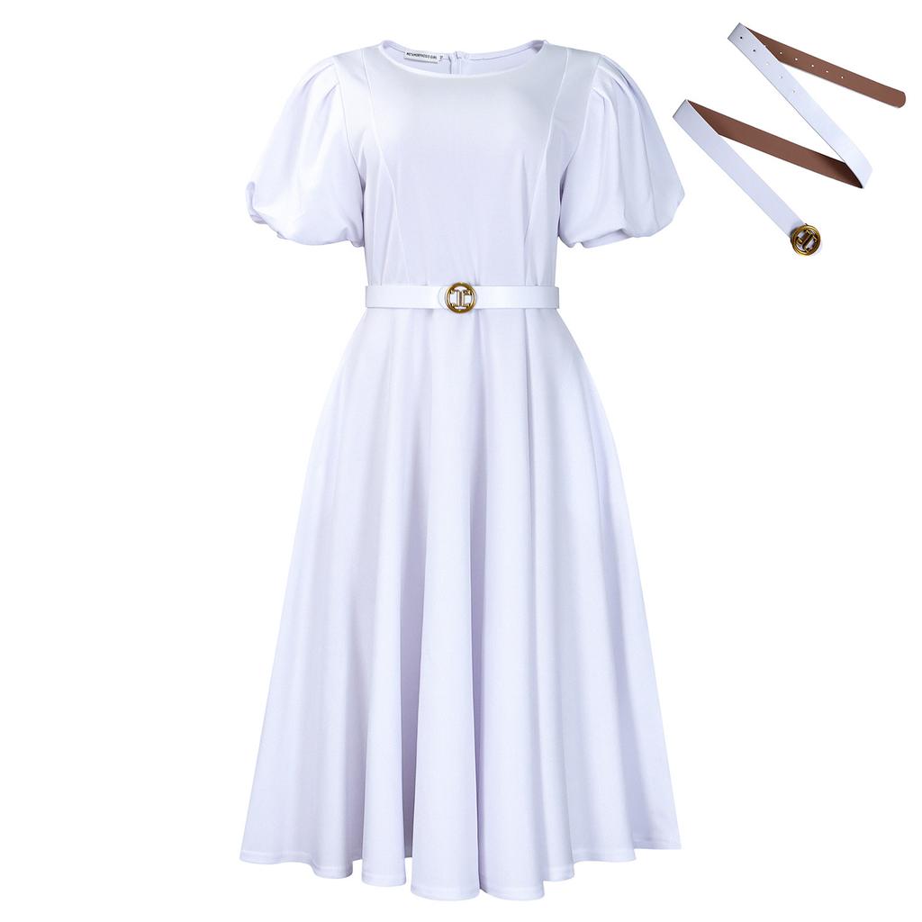 Women's Summer Fashion Bubble Sleeves Elegant High Waist Solid Color Round Neck Large Skirt Dress