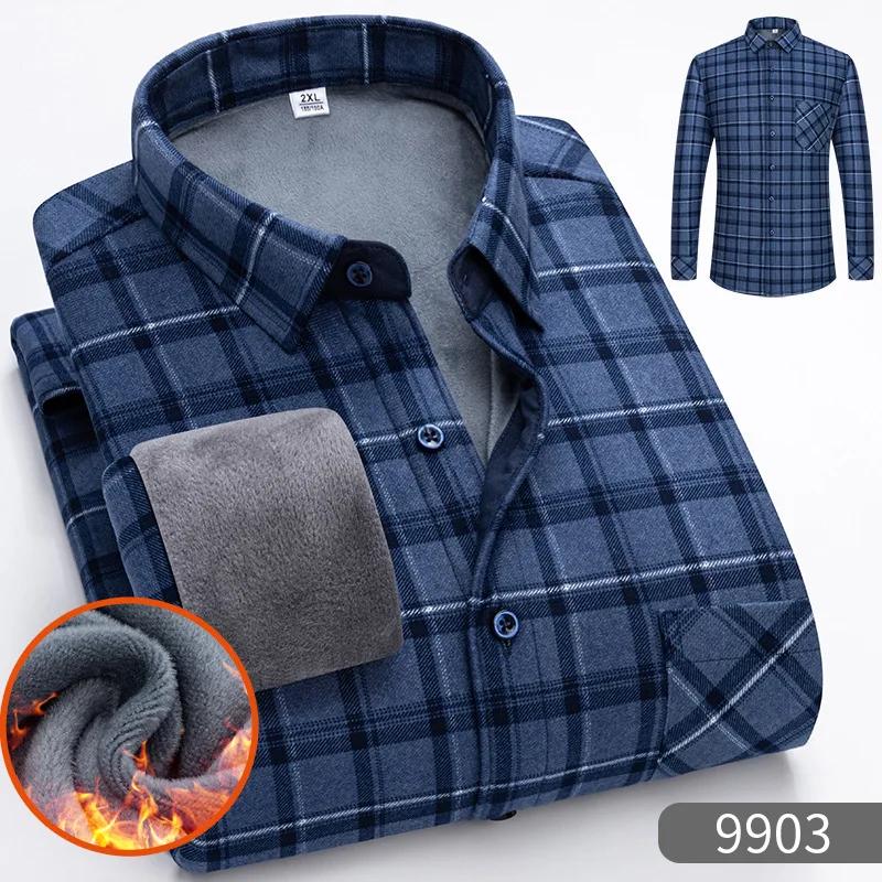 New 2026 Men's Warm Long Sleeve Plaid Design Shirt Autumn Winter Fleece and Thick Warm Men's Casual Shirts Large Size Shirt 5XL