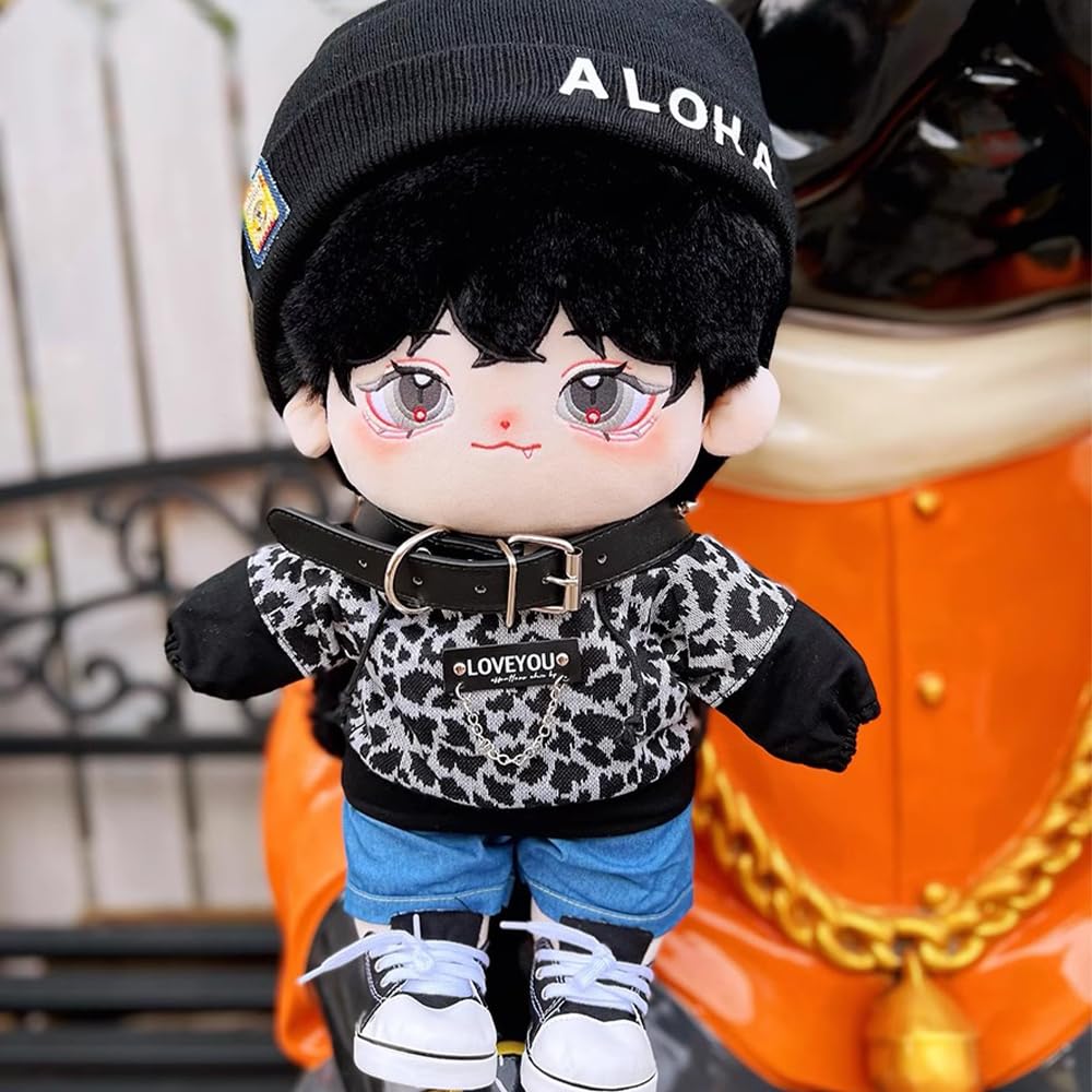 Niannyyhouse 40cm Plush Toy with Leopard Print Stretch Canvas and Accessories Suit, Hat, Hoodie, Shorts, Shoes, (Black)