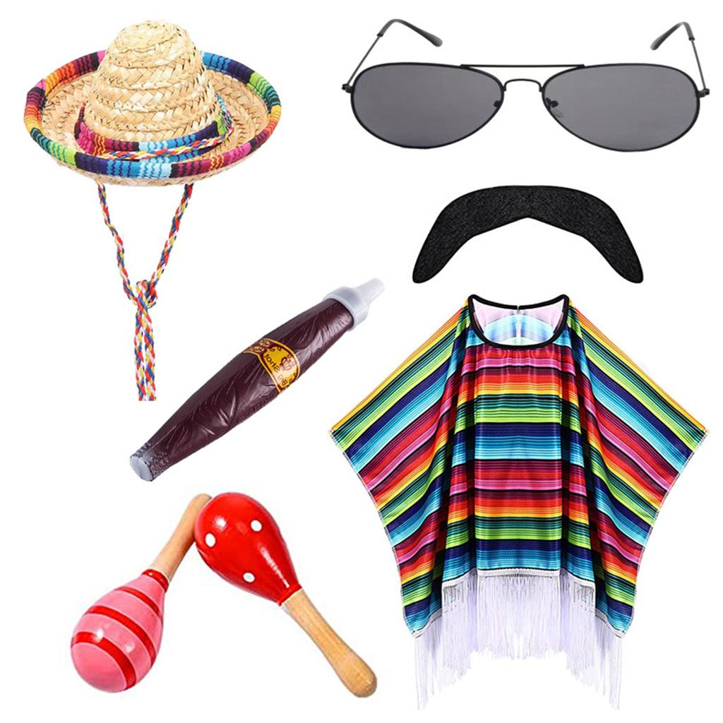 Mexicans Party Outfit for Kids Adult with Poncho Cape Sombrero Hat Sunglasses Maracas and Mustache for Interactive Fun