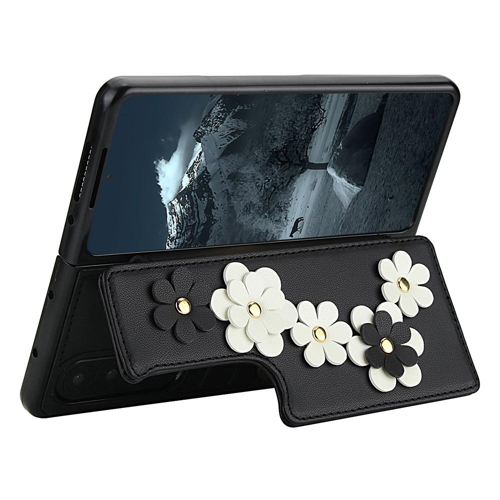 For Samsung Galaxy Z Fold4 5G Case Card Slots Leather Coated TPU Flower Phone Cover with 2 Straps