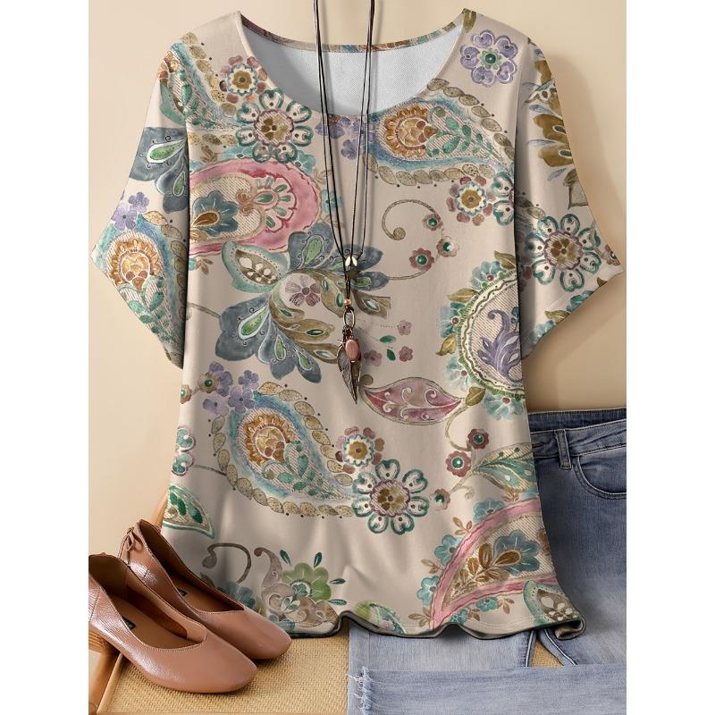 Paisley Pattern Women's 3D Print T-Shirt Ethnic Floral Short Sleeve Round Neck Casual Y2k Top Tees Summer Loose Female Clothing