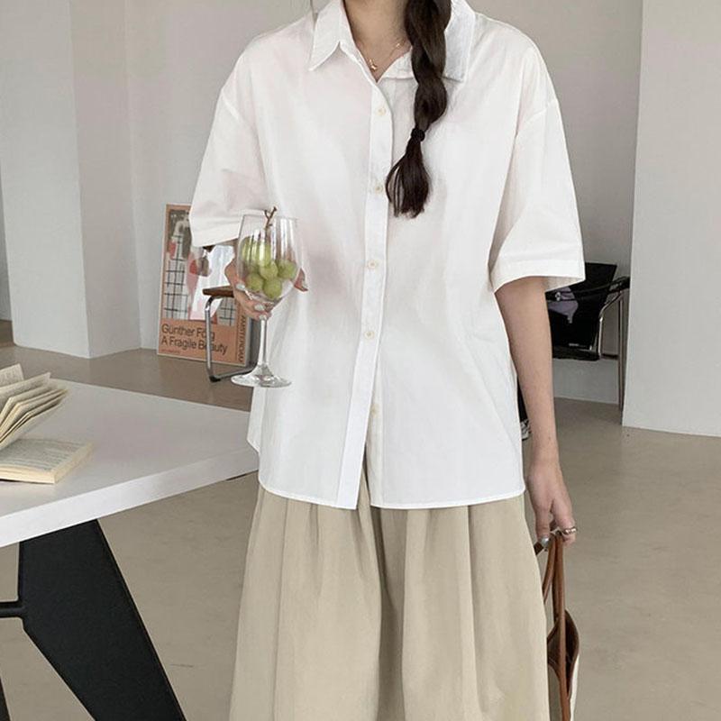 

Белая рубашка с короткими рукавами, женская весна-лето ретро универсальная свободная и утягивающая рубашка-топ XS