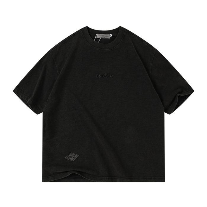 

Новая летняя мужская футболка с коротким рукавом, с Т-плечом, с эффектом сильной стирки, со спущенным плечом, английская, с трехмерной вышивкой, с коротким рукавом 3XL чёрный