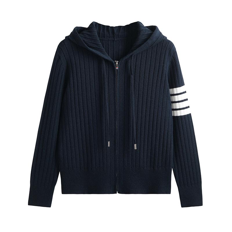 

Spring Autumn Hooded Zipper Knitted Sweater Coat Jacket Women Fashion Contrast Color Long Sleeve Jumpers One Size темно-синього кольору