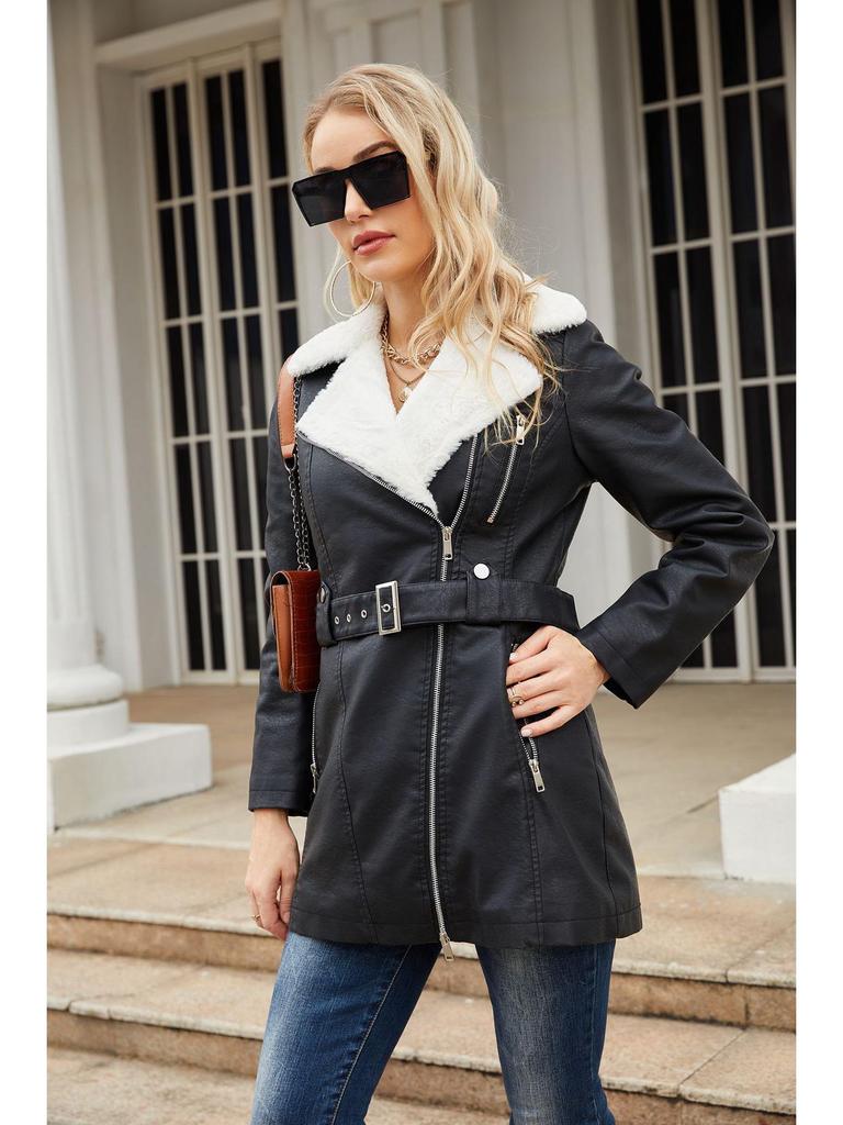Women's Long-Sleeve Velvet-Lined Leather Jacket with Lapel, Double-Head Zipper, and Belt for Autumn and Winter.