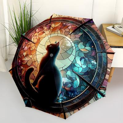 1pc Stained Glass Cat Moon Scene Automatic Folding Umbrella - Portable 3-Fold Design with 8-Bone Iron Frame, Outdoor, Gift for Fans, Travelers, Daily