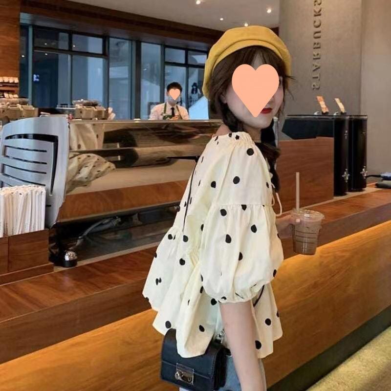 Short-sleeved shirt chiffon polka dot new Korean version bubble sleeve lace-up shirt women's clothing summer loose and thin