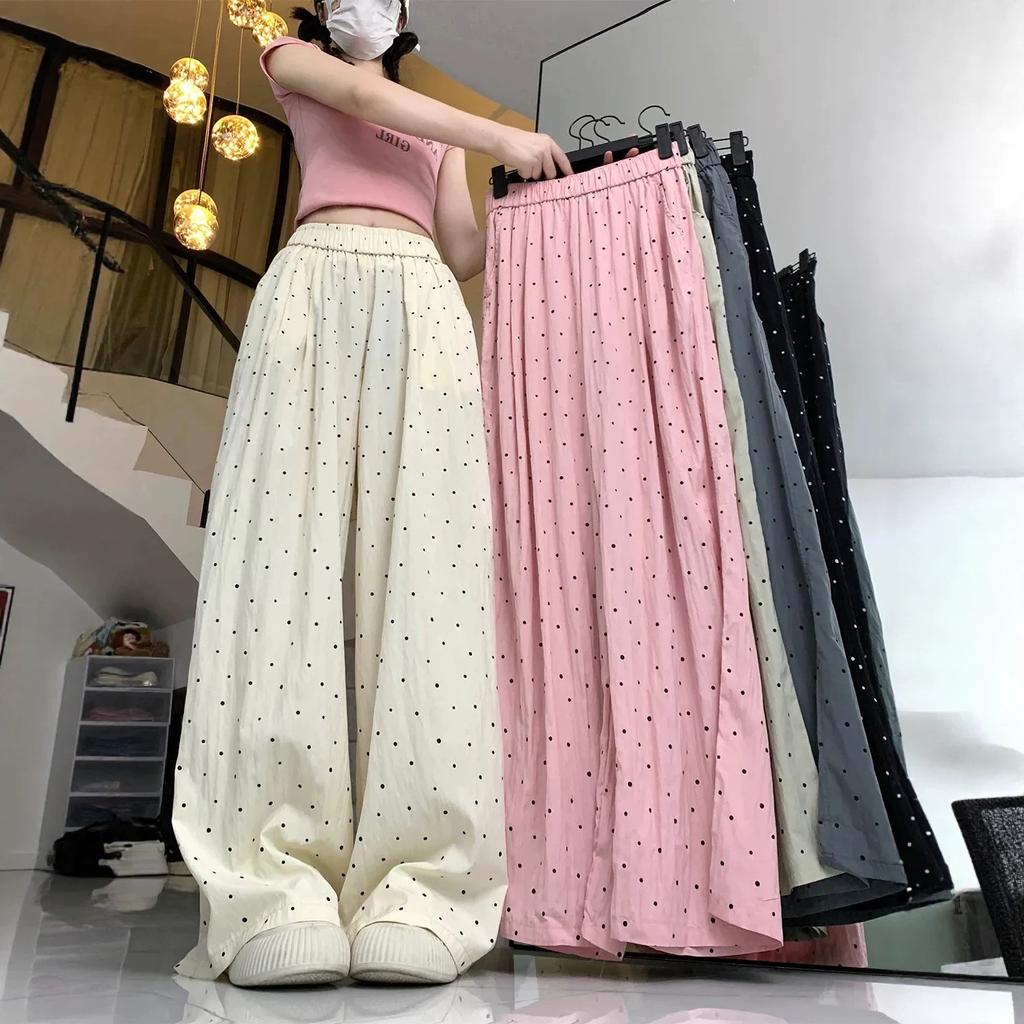 Women's High Waist Wide Leg Pants Loose Fit Korean Polka Dot Ice Silk Straight Trousers Casual Pants