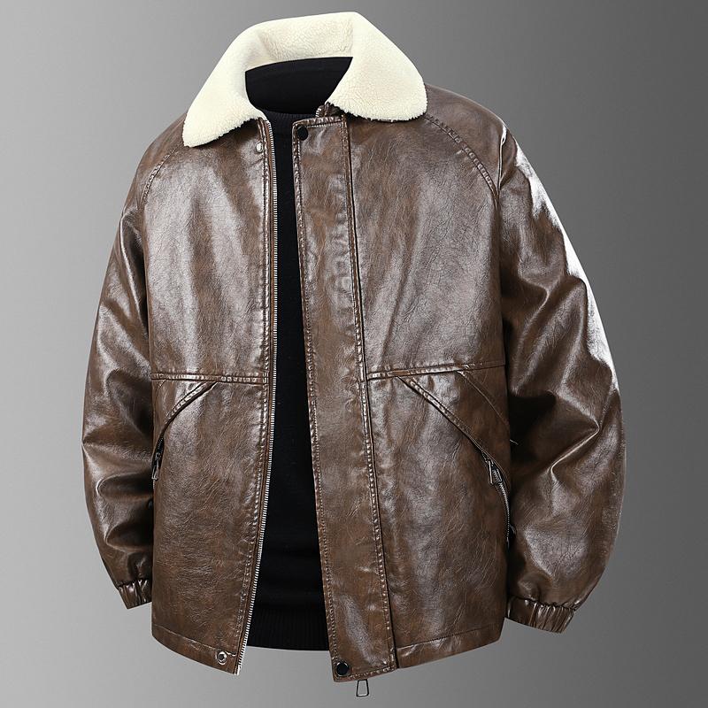 

Men s Windproof and Waterproof Jacket with Plush and Thickened Leather, Men s Stand Up Collar Leather Jacket, Plus Size XXXXL