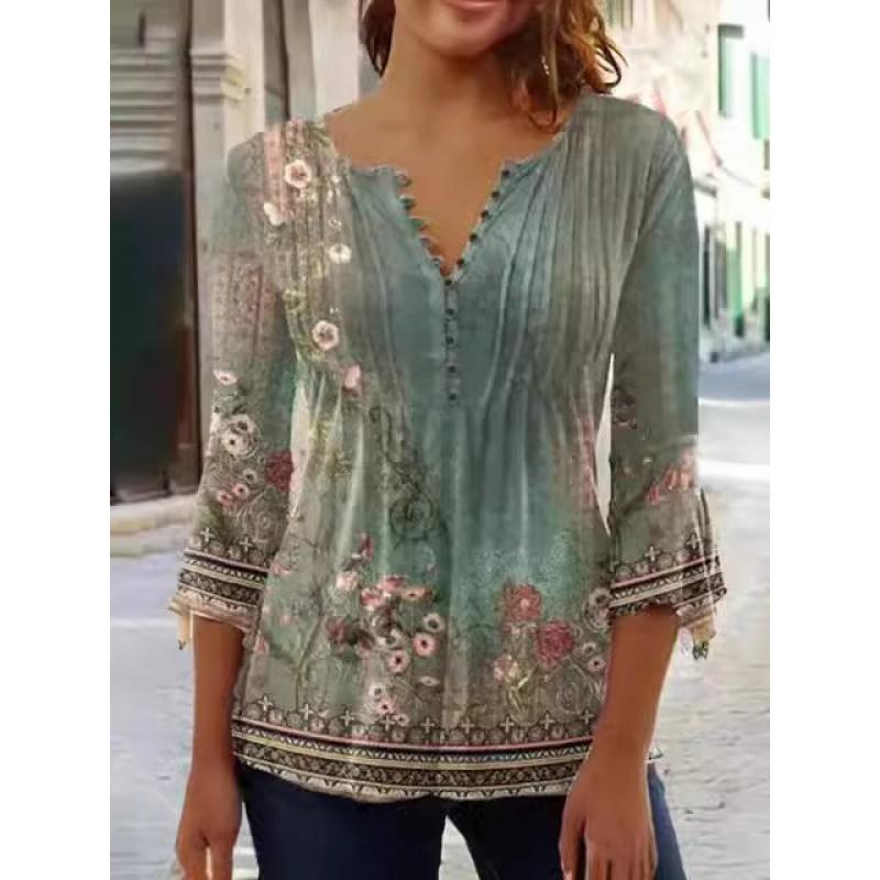 Moda Wiosna Lato Nowa Damska Koszulka Bazowa z Plisami i Guzikami z Dekoltem V i Krótkim Rękawem w Kwiatowy Wzór