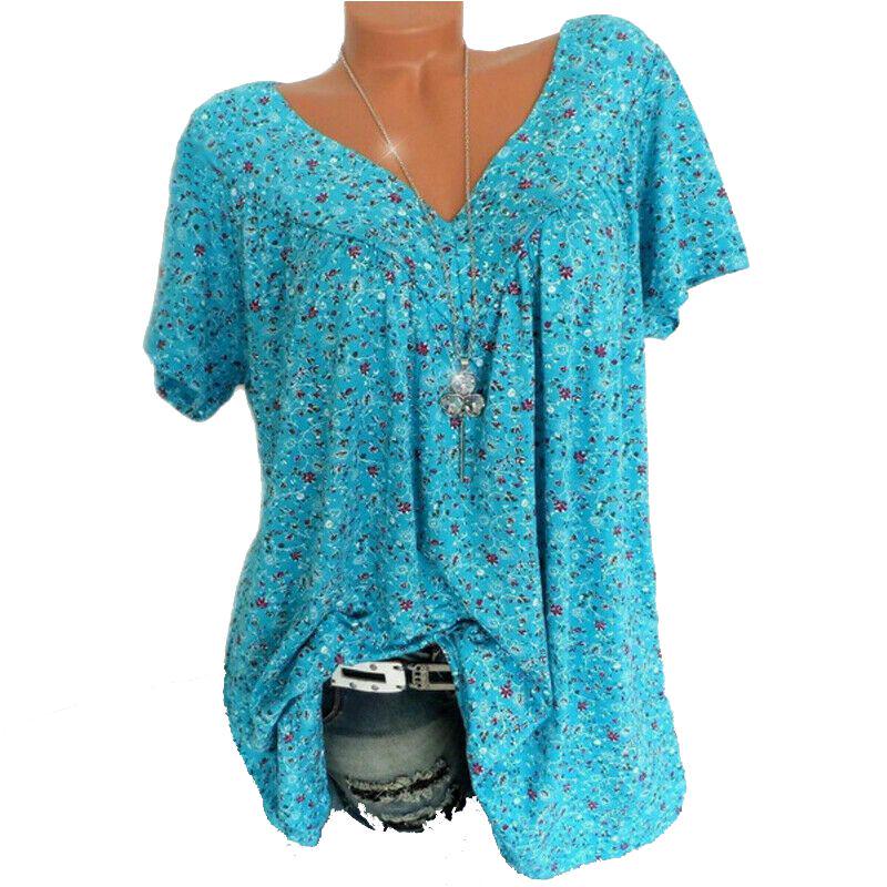 Women V Neck Floral Tee Tshirts Short Sleeve Blouse Summer Tunic Tops Plus Size