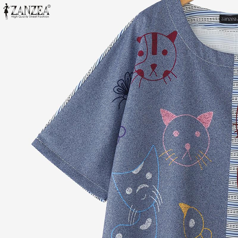 ZANZEA Tricouri casual de damă cu gât rotund, mâneci 3/4, largi, peticite