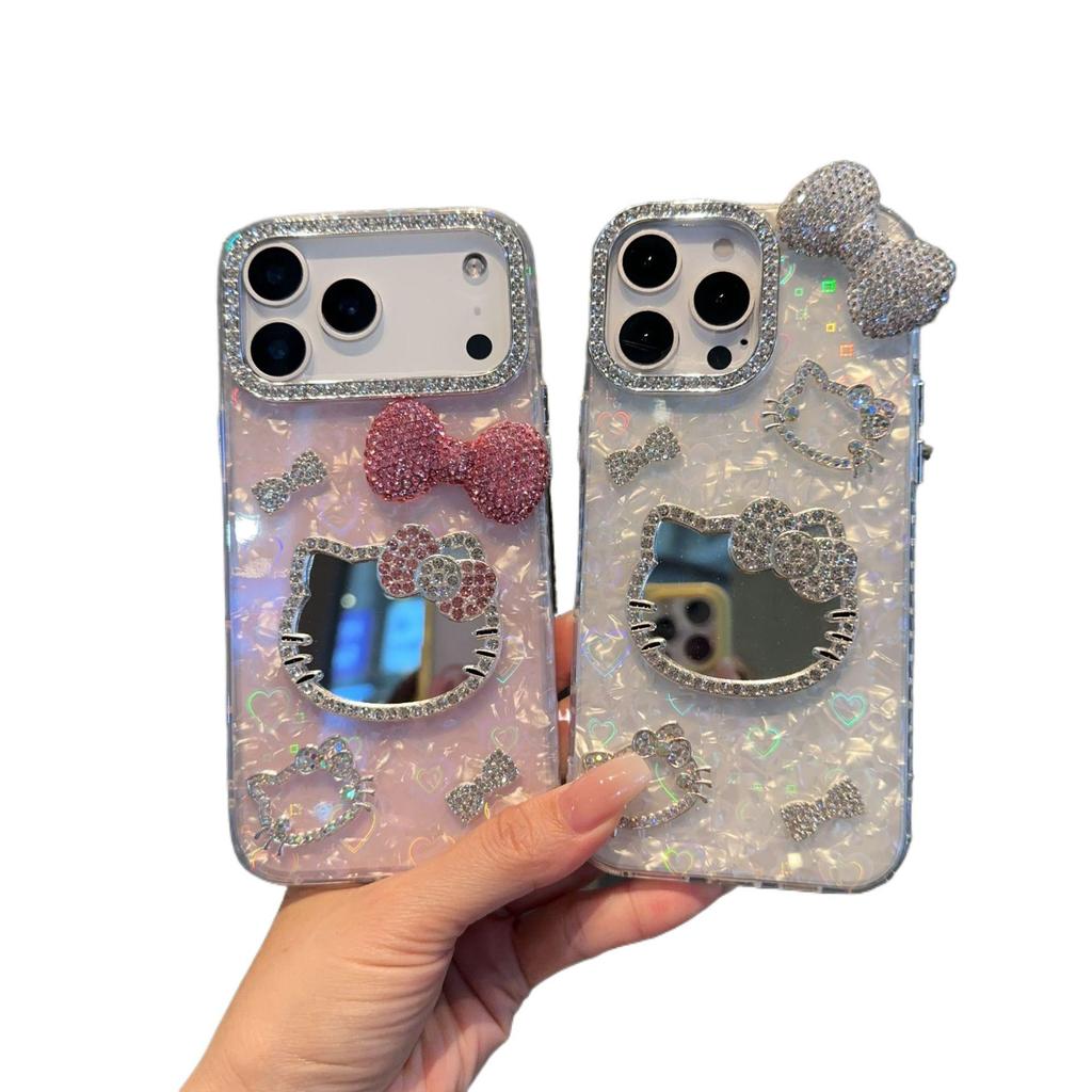 Heart-Shaped Shell Pattern Cat Mirror Phone Case for iPhone 15/14 Pro Max