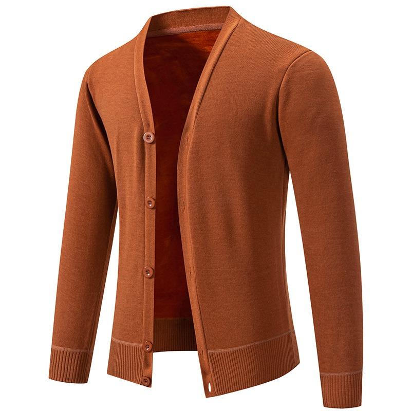 Men S V Neck Long Sleeve Fleece Knit Cardigan Solid Color Casual
