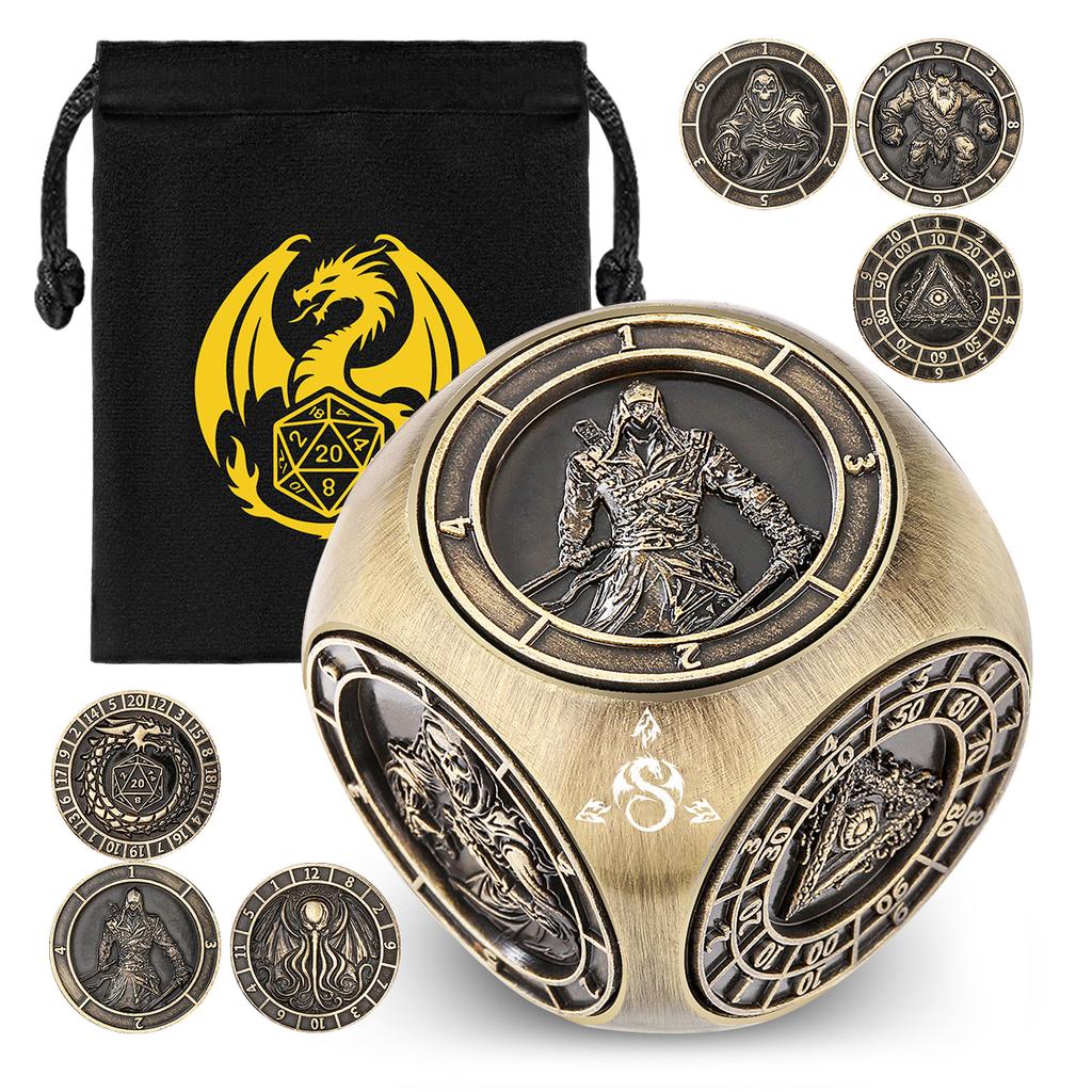 Partygeschenk Sechs-in-Eins Metall Drehende Würfel RPG Rollenspiel mit Sechs Verschiedenen Mustern Drehbarer Würfel D4/D6/D8/D10/D12/D20