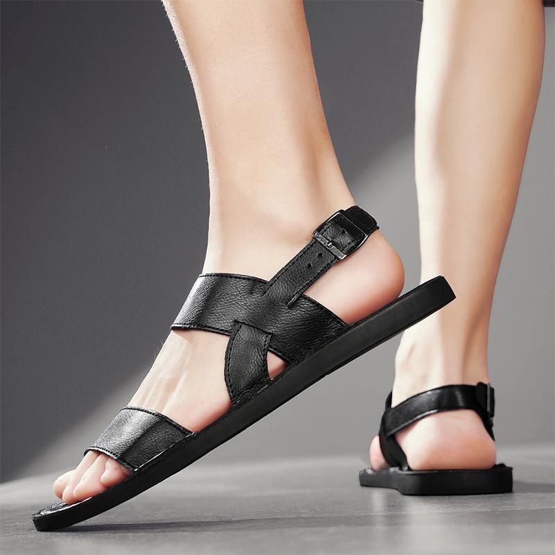 Men Slippers Handmade Simple Flats Summer Roman Sandals Retro Brown Leather Beach Shoes Plus Size