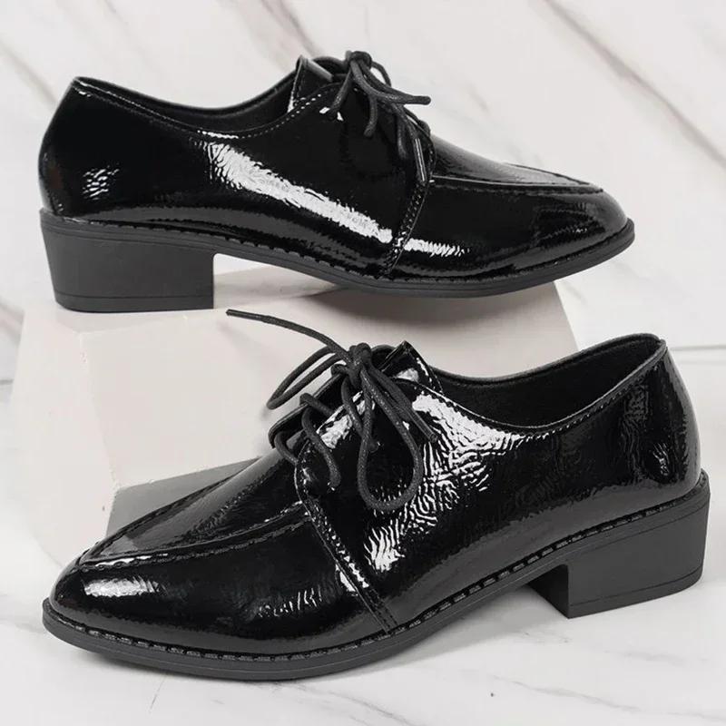 British Style Patent Leather Oxford Shoes for Woman Lace-Up Med Heel Single Shoes Women Pointed Toe Thick Heels Office Pumps