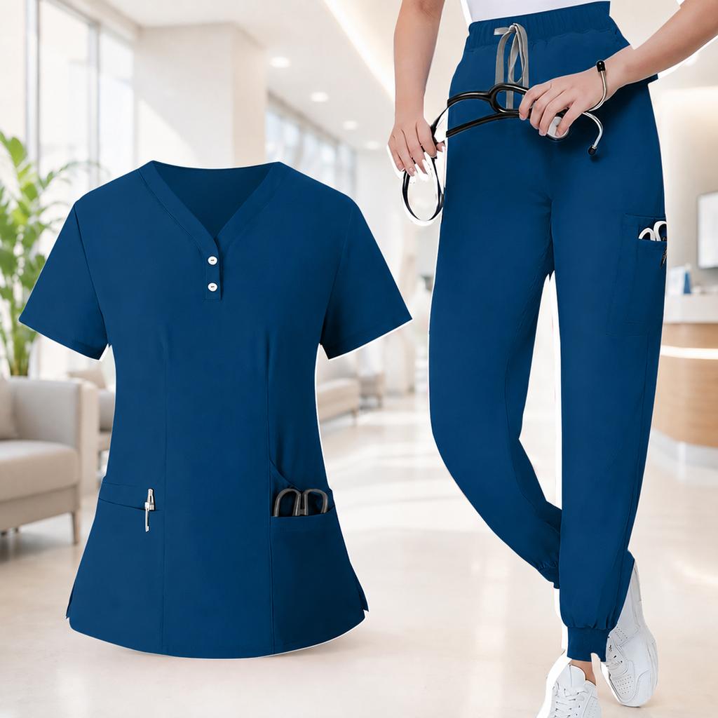 Set Uniforme da Lavoro da Donna - Top a Maniche Corte con Scollo a V ad Asciugatura Rapida con Tasche e Pantaloni Lunghi, Colore