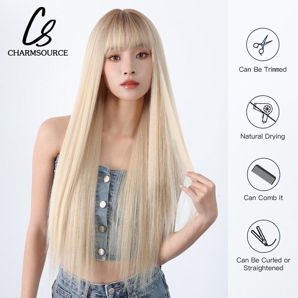 White Platinum Blond Wigs for Woman Long Straight Wavy Wig with Bangs Daily Party Heat Resistant Fiber Synthetic Hair