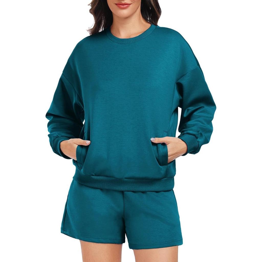 Women's Loose Tracksuit Long Sleeve Sweatshirt Elastic Waist Shorts Casual Loungewear Set