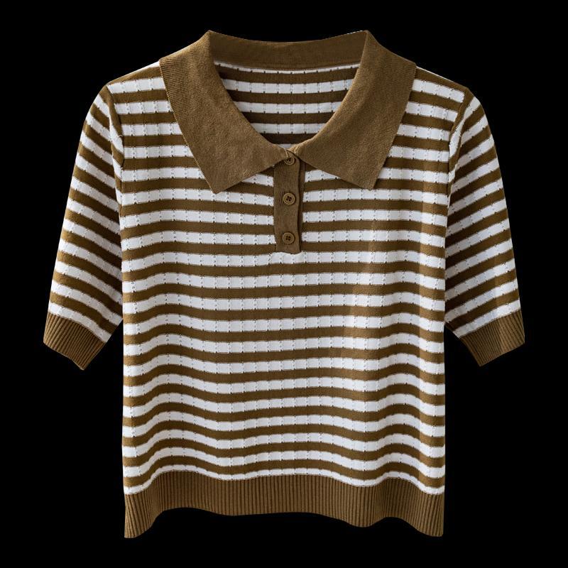 Sweter damski z krótkim rękawem z jedwabiu lodowego, letni, wysokiej klasy, w paski, z kołnierzykiem, modny, wysokiej klasy, wysokiej klasy koszulka polo, t-shirt, top