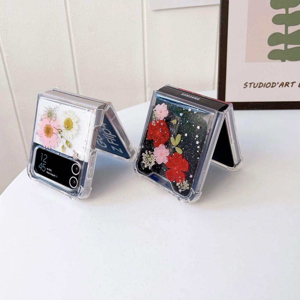 For Samsung Z Flip 3 Case 5g Dried Flowers Transparent Fold Case For Samsung Galaxy Z Flip 4 Zflip4 Shockproof Hard Back Cover