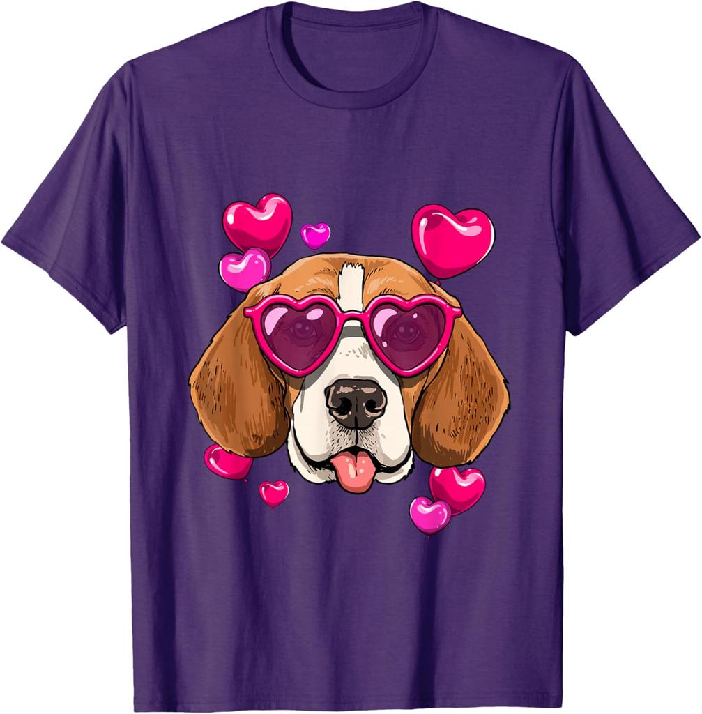 Beagle Heart Sunglasses Valentines Day Dog Lover Graphic Tee Casual Cotton T-Shirt