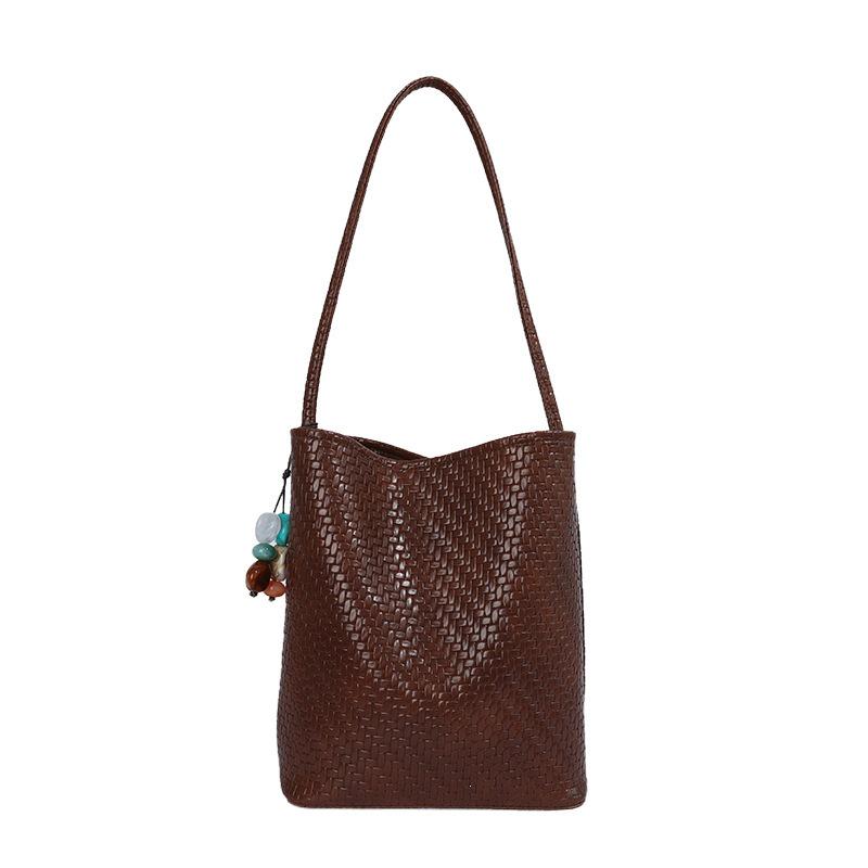 2026 Summer Korean Minimalist Woven Texture Bucket Bag - Large Capacity, Solid Color, Single Shoulder & Handheld