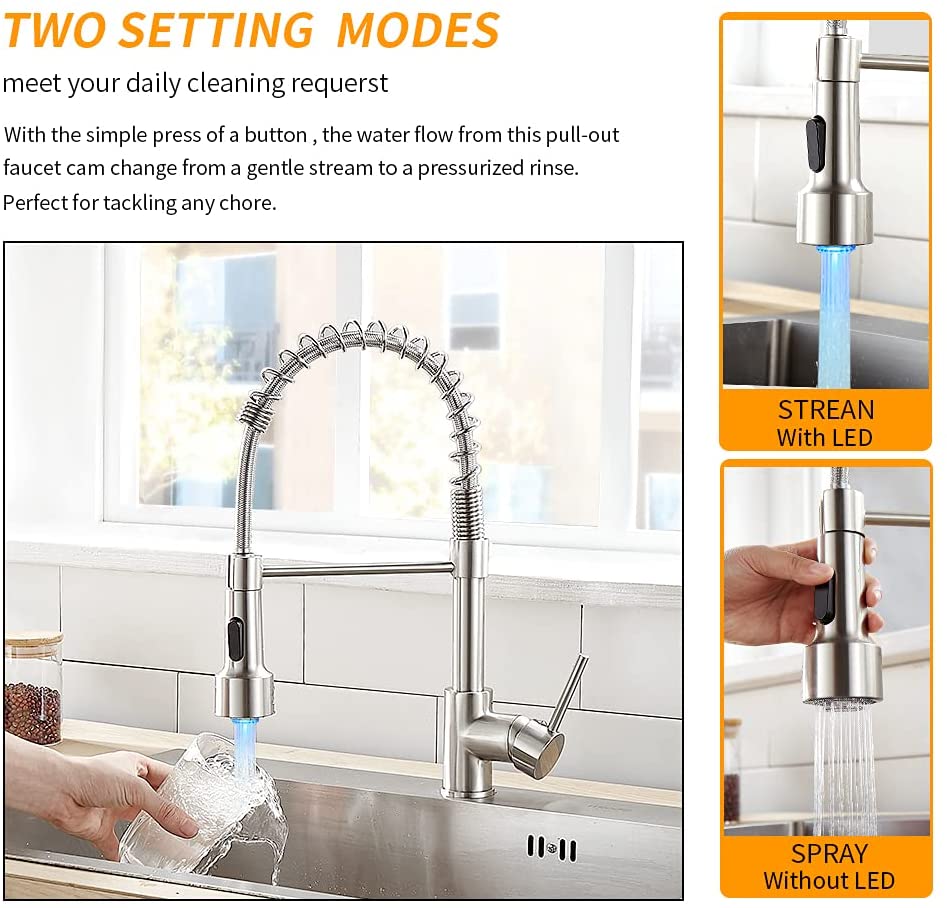 LED Light Kitchen Faucet with Pull Down Sprayer Sus304 Stainless Steel Industrial Single Handle Faucet  9005