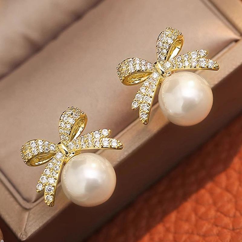 Bow Stud Earrings Lady, Lady Elegant Sweet Jewelry, Imitation Pearl Design