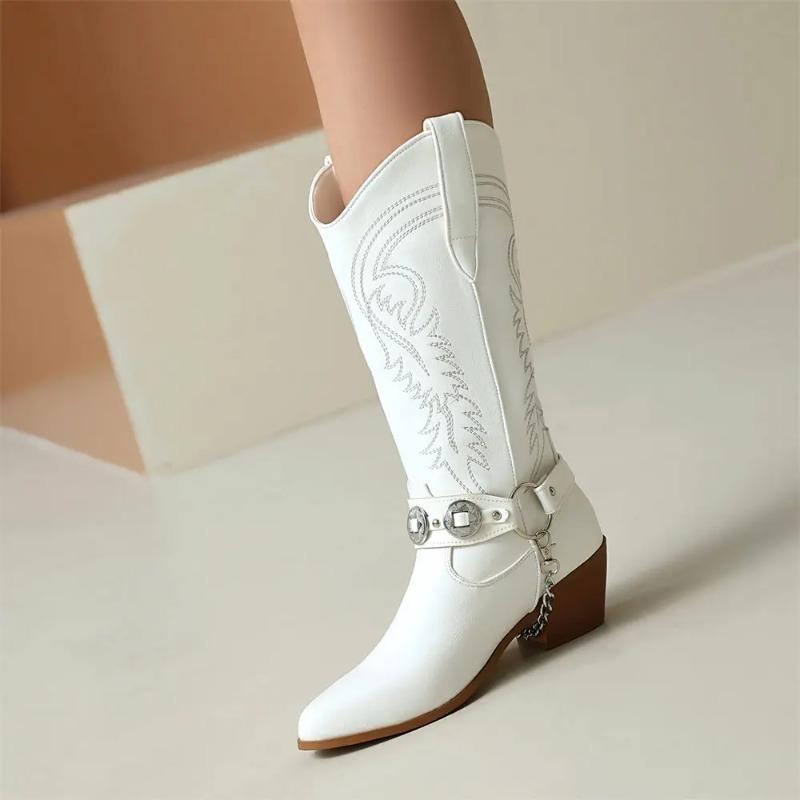 Fashion Plus Size 48 Women's Western Cowboy Boots High Heels Retro Western Boots Embroidery Shoes