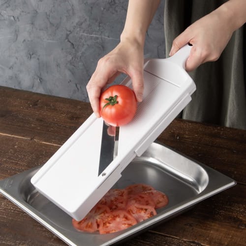 Shimomura Kougyou Slicer (SFS-102) Made in Japan with Holder, Adjustable Thickness, 0.8mm-3.0mm, for Cabbage, Juliennes, and Tomato Slices. Made in Ts