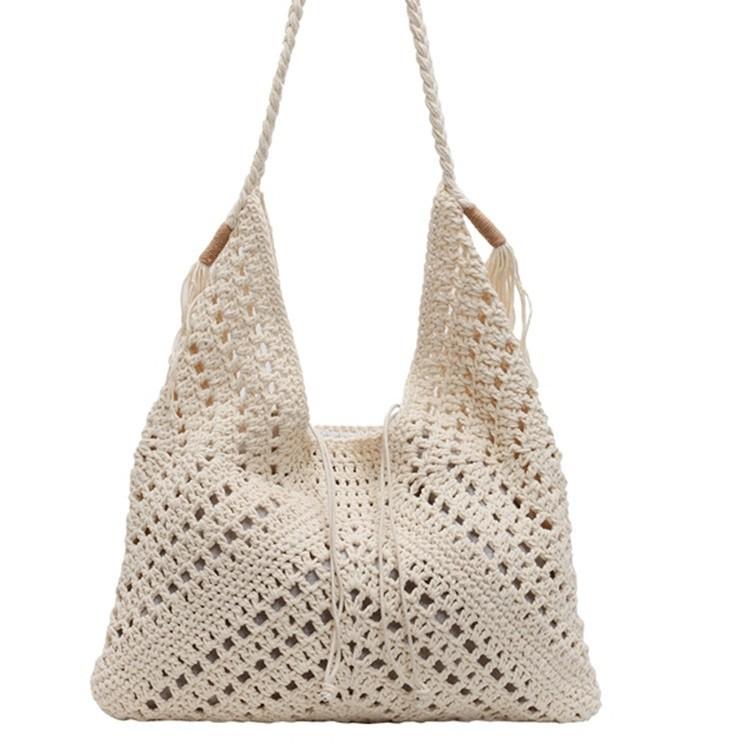 Woven Beach Bag With Large Capacity Tassel Drawstring For Summer Vacation And Casual Travel