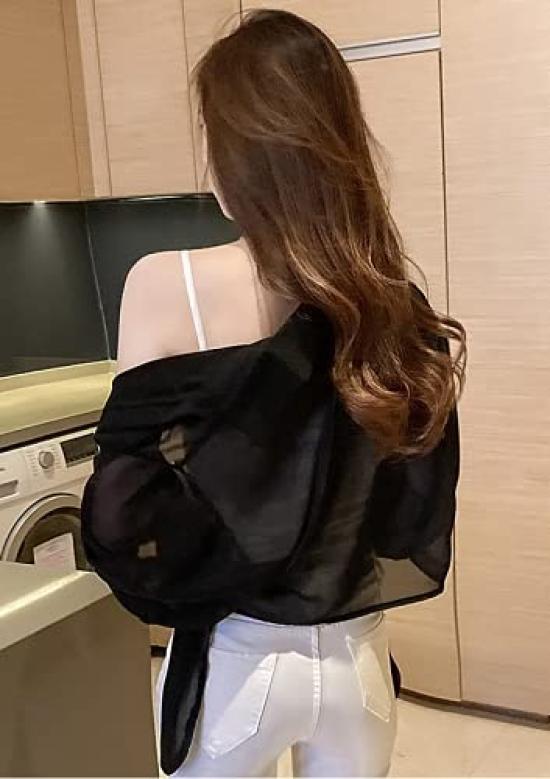 SANYIN Sheer Loose Solid for UV Chiffon Sleeves Women's Cardigan, Lightweight, Fit, Color, Spring/Summer, Protection, Sunscreen, Top, 3/4 (Black)