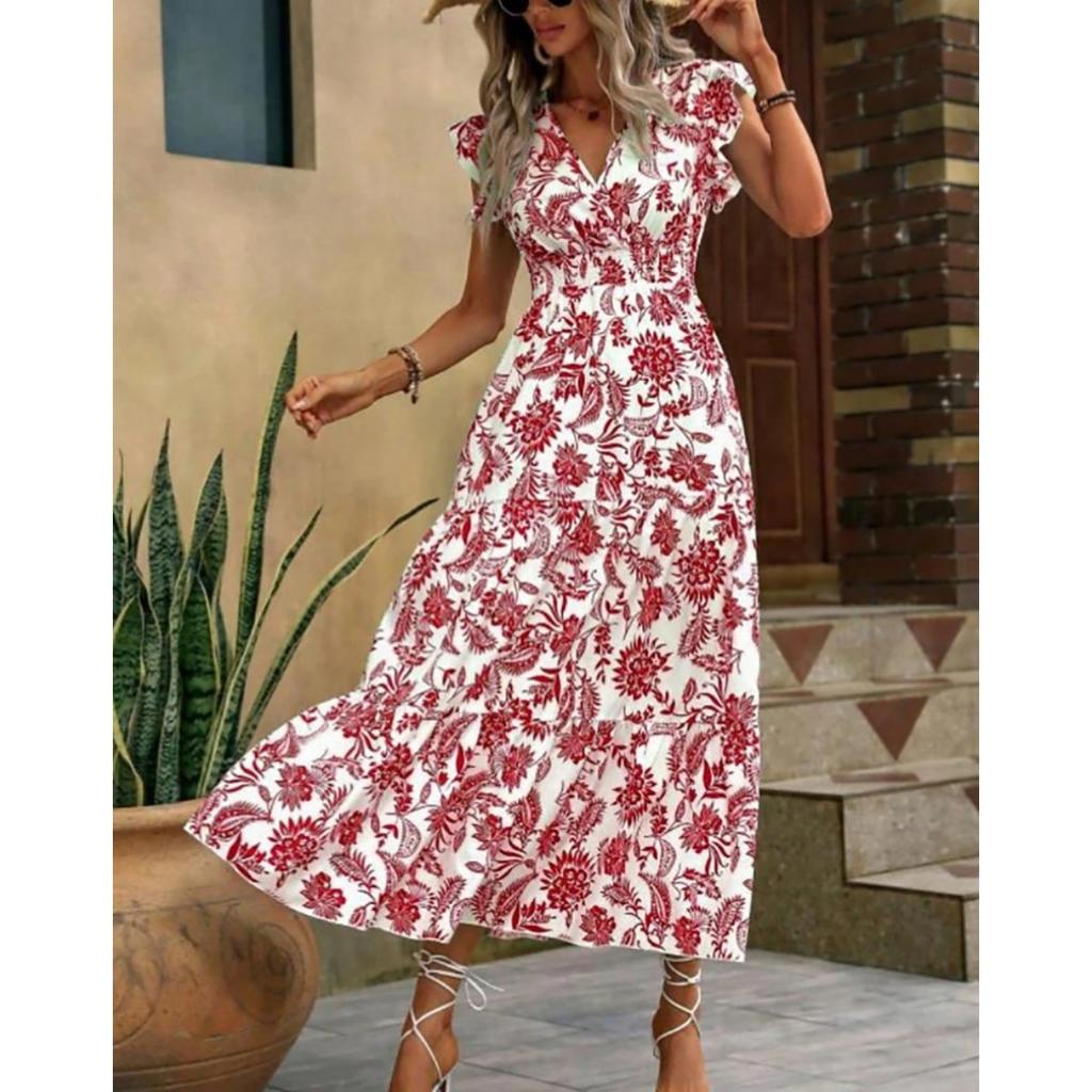 New Summer V Neck Printed Midi Dress Women's Casual Fashion Dress for Outdoor Daily Wear