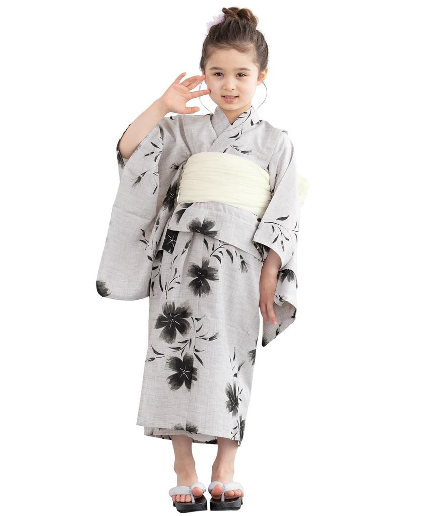 SOUBIEN Yukata Set Modern Gray with Black and Children's 2-Piece (Yukata/Heko Obi), 140cm, White, kdy10042-obs10075