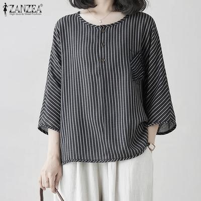 Women Casual Round Neck 3/4 Sleeve Loose Stripe Blouse