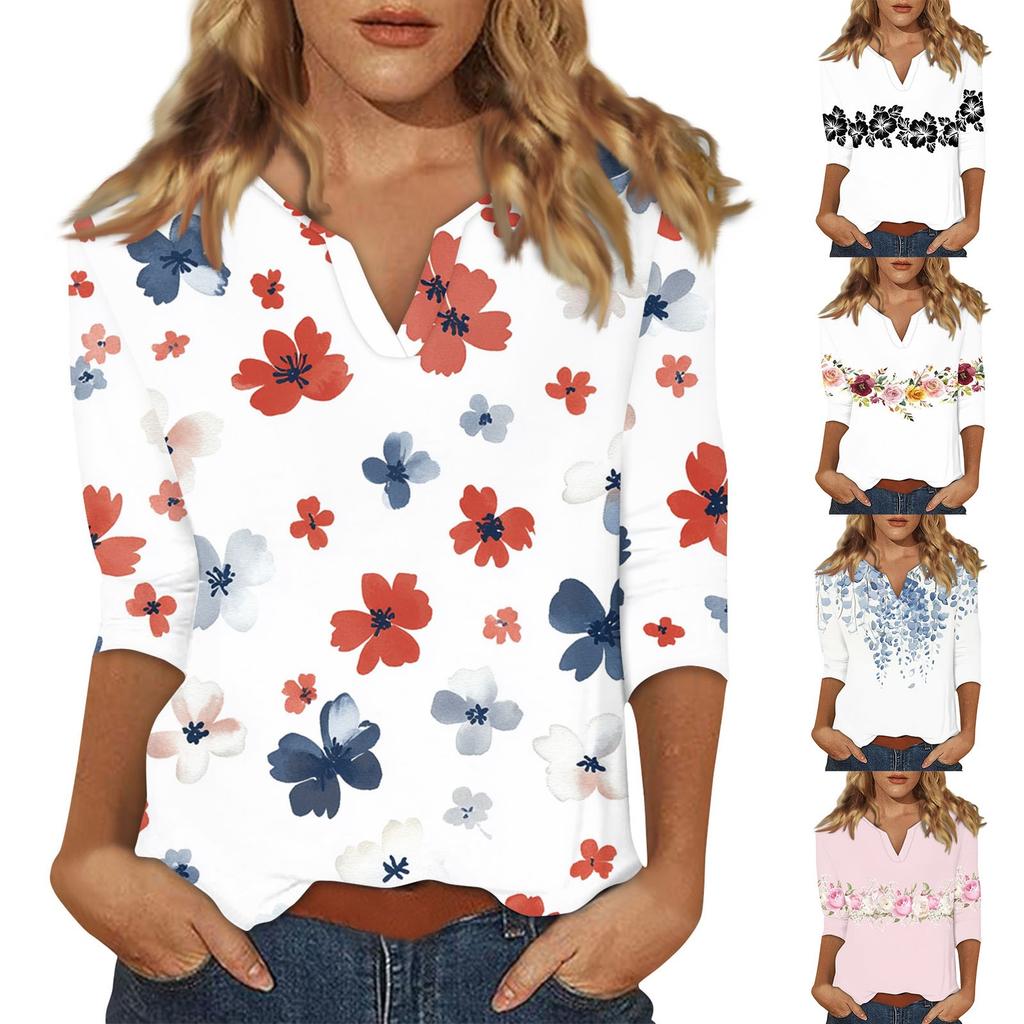 Women's Stand Collar 3/4 Sleeve Printed Top T-shirt