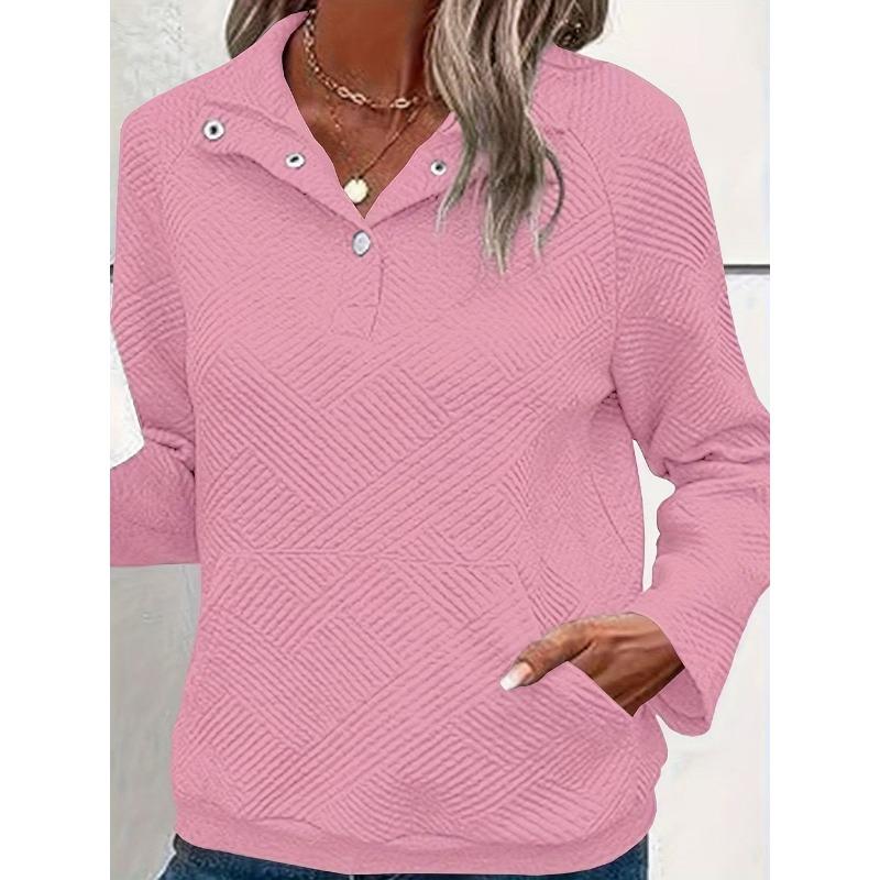 Buttoned Collar Long Sleeve Solid Texture Casual Women S Sweatshirt