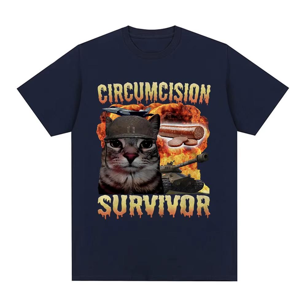 Circumcision Survivor Funny Cat Meme T Shirts Unisex Women Vintage Tshirt Casual Cotton Short Sleeve Oneck Fashion Tee