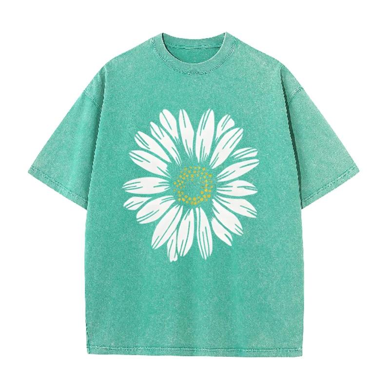 Daisy Flower Print Vintage Washed BlackT Shirt Casual Minimalist Streetwear Tee