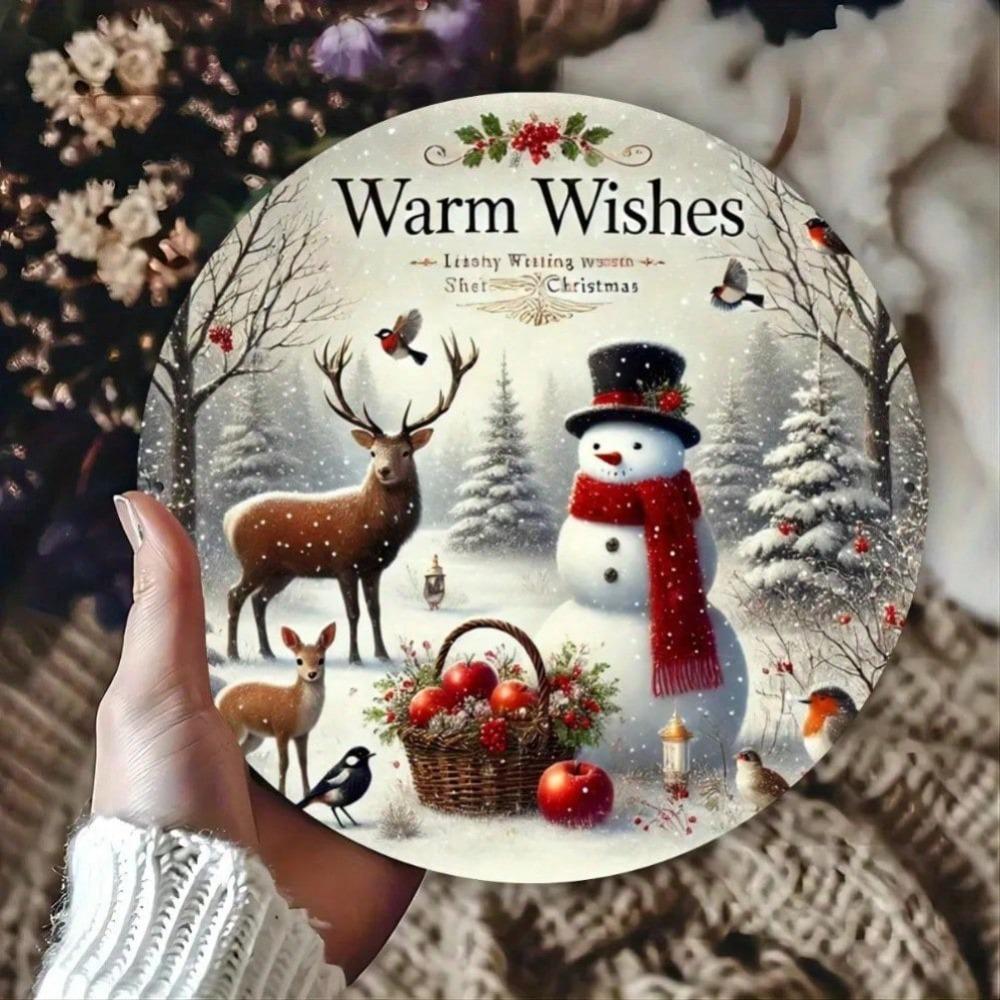 Snowman Deer Round Metal Sign Winter Holly Berry Pine Decorative Tin Wall Art Home Bar Cafe