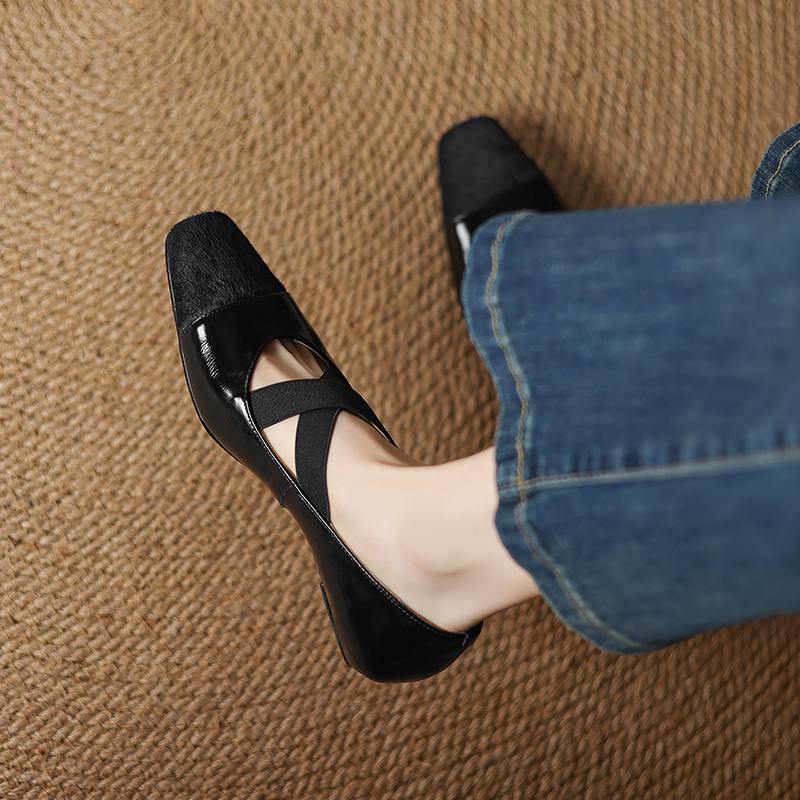 Krazing Pot Cow Skin Spring Summer Size 41 Horsehair Thick Low Heels Women Square Toe Basic Clothing Shallow Pumps