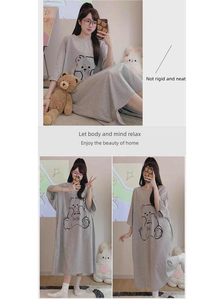 Women's Plus Size Cotton Nightdress - Cute Cartoon, Round Neck, Long Sleeve, Spring/Summer