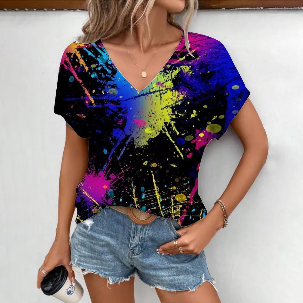 Summer V-neck 3D Color Splashed Ink Printed Top Fashionable Casual Short Sleeved Women's T-shirts