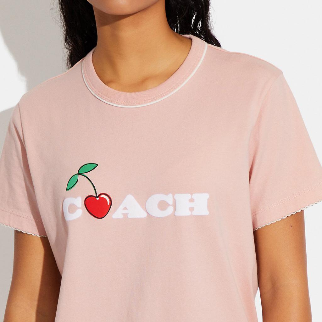Coach Cherry Pattern Logo Round Neck Short Sleeve Regular T-Shirt Women Tops Pink CE428-C7D