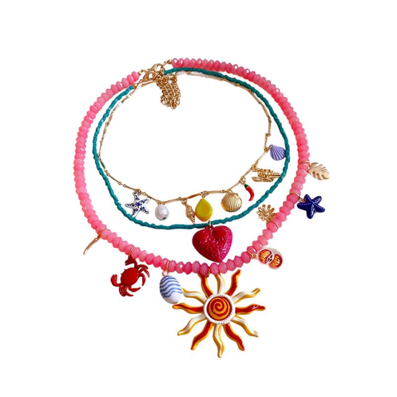 Vintage Sun Heart Conch Crab Pendant Necklaces for Women Candy Color Rice Beads Enamel Multi Layer Necklace Jewelry Gift