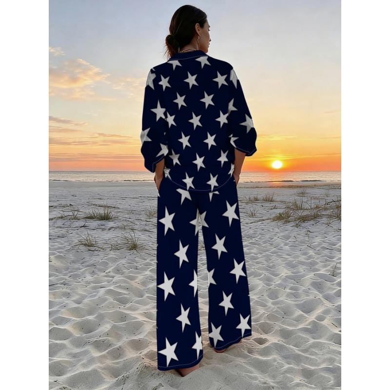 Navy Blue and White Star Printed Shirt, Wide-leg Pants Suit, Women's Casual Resort Style Long-sleeved Trousers Two-piece Set