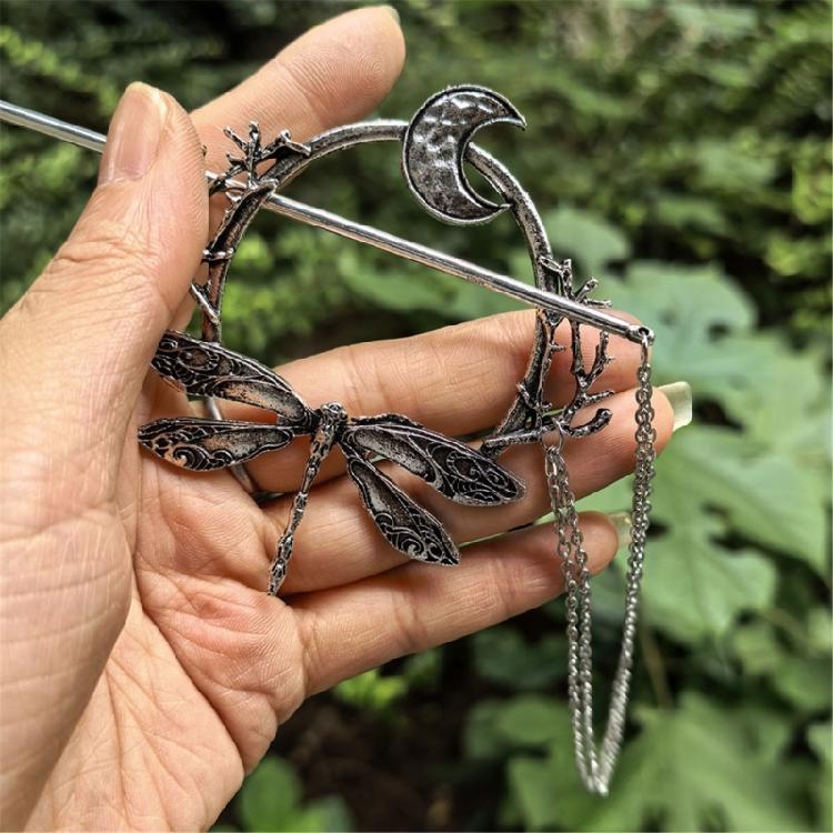 Antique Silver Dragonflies Moon Hairpin Artistic Hair Styling Accessory For Women Secure Various Hair Types Decoration